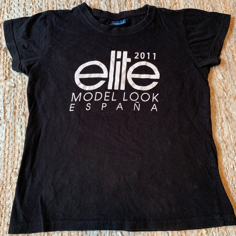 Black t-shirt with print.